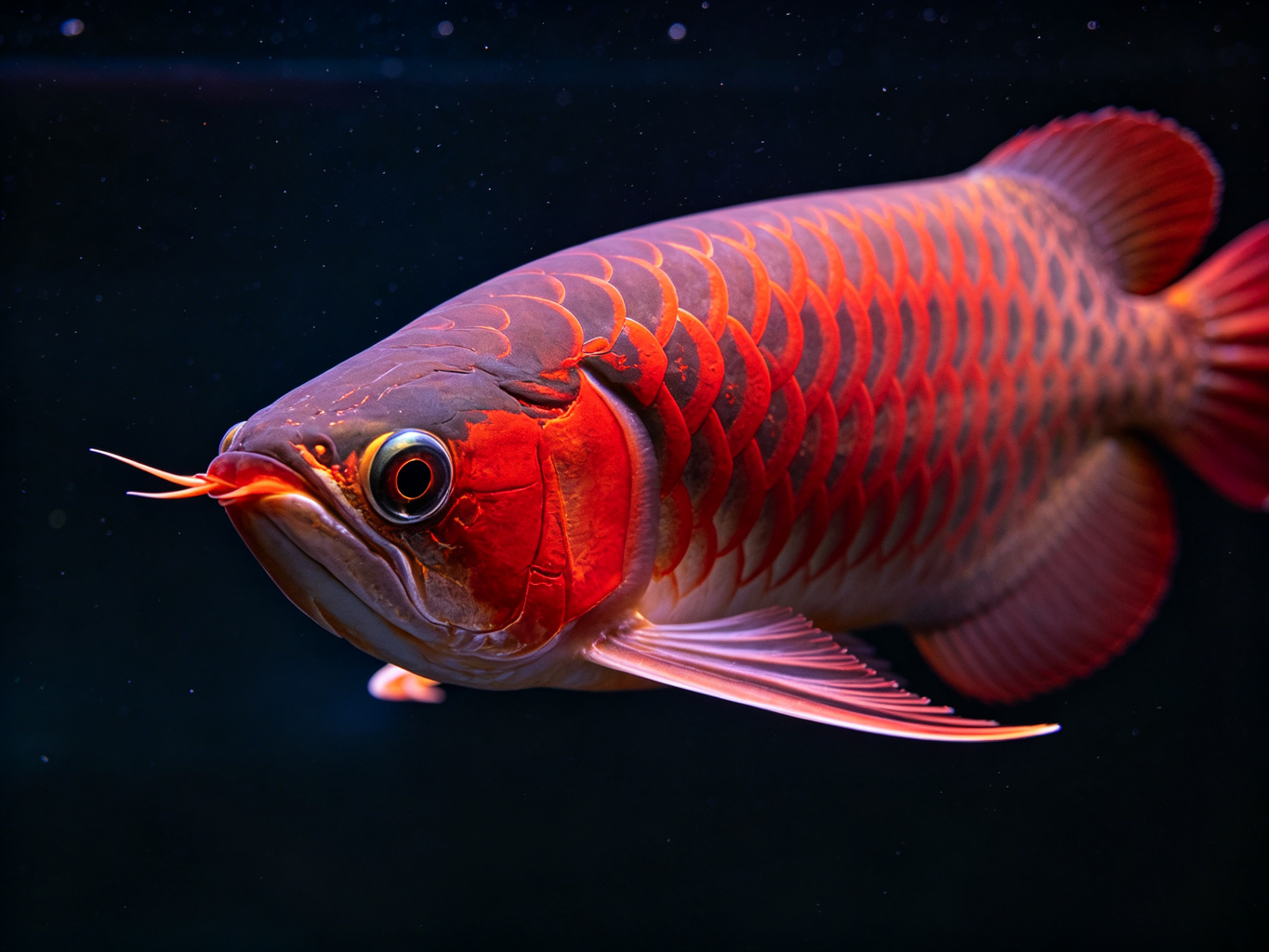 红色龙鱼在水族箱中游动，鳞片红艳